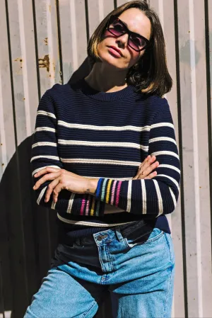 Rebecca Jumper - Navy/Off-White. Classic Stripe Rainbow Cuffs