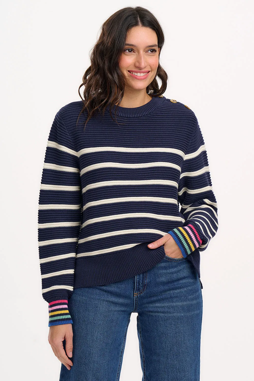 Rebecca Jumper - Navy/Off-White. Classic Stripe Rainbow Cuffs