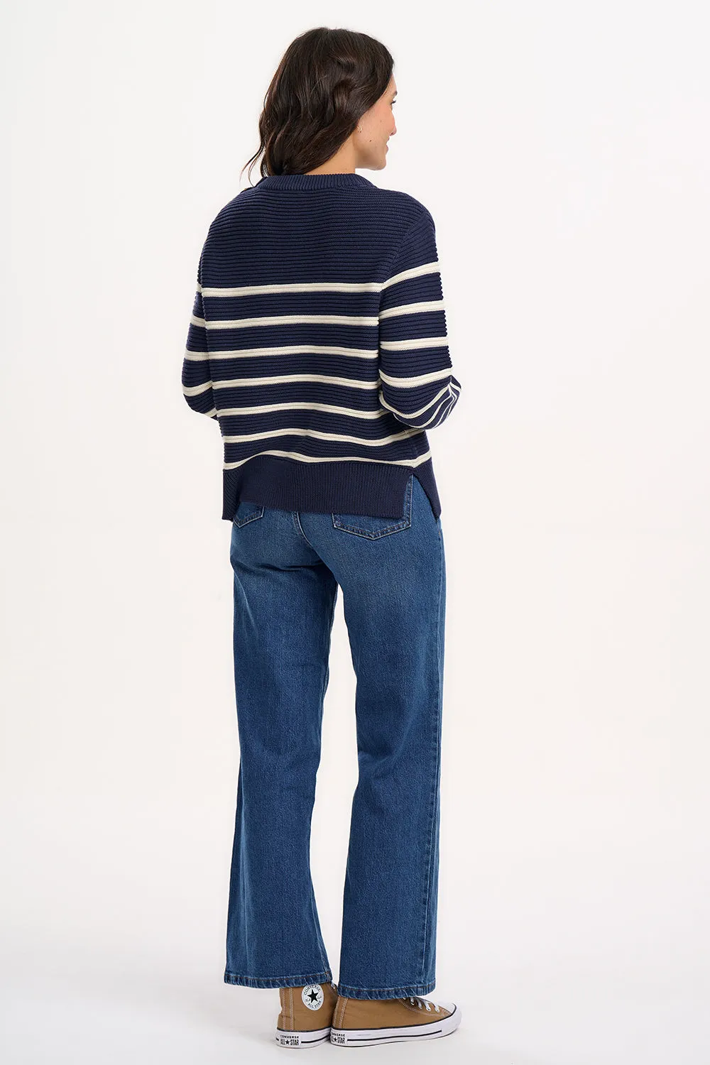 Rebecca Jumper - Navy/Off-White. Classic Stripe Rainbow Cuffs