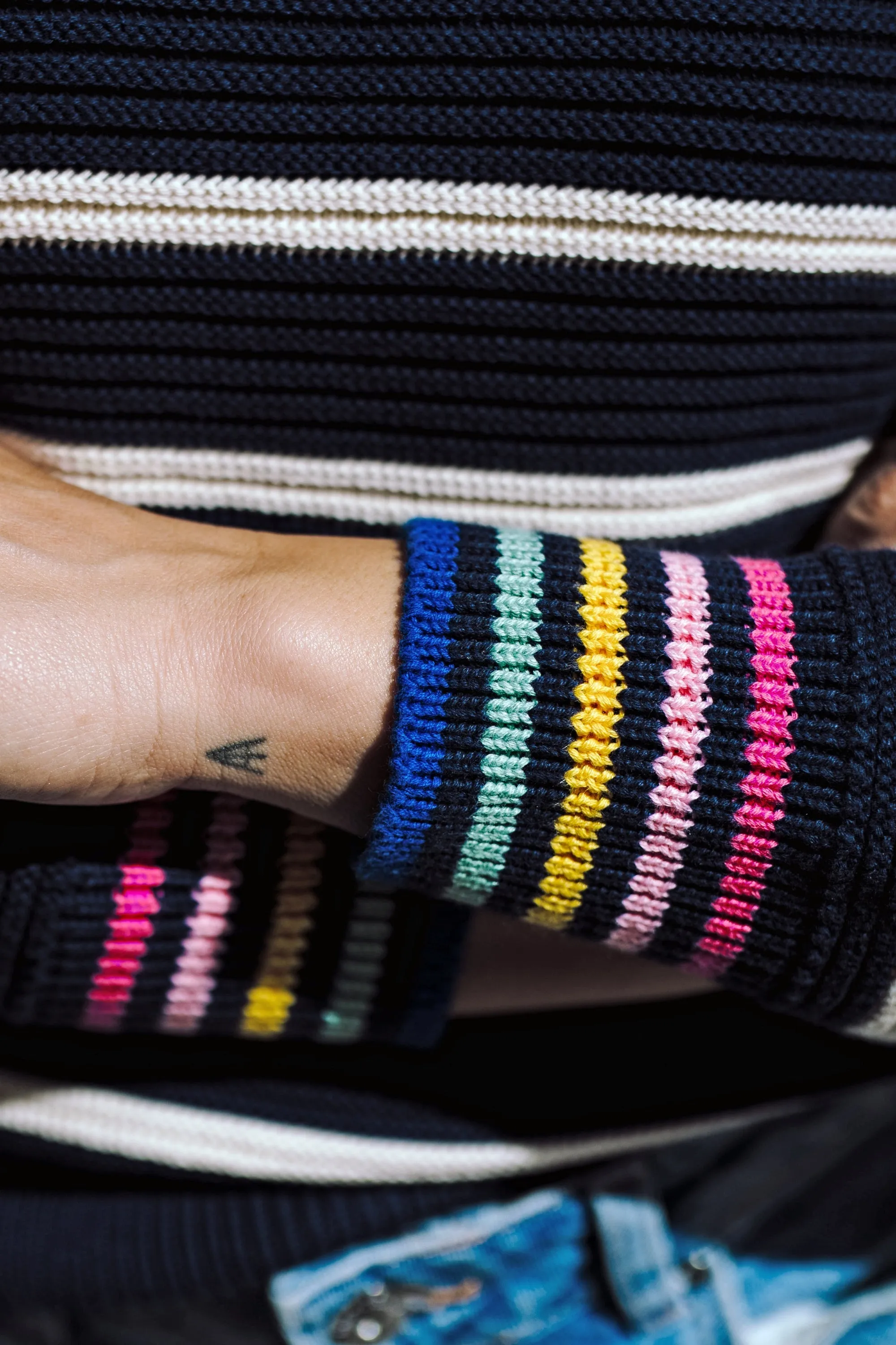 Rebecca Jumper - Navy/Off-White. Classic Stripe Rainbow Cuffs