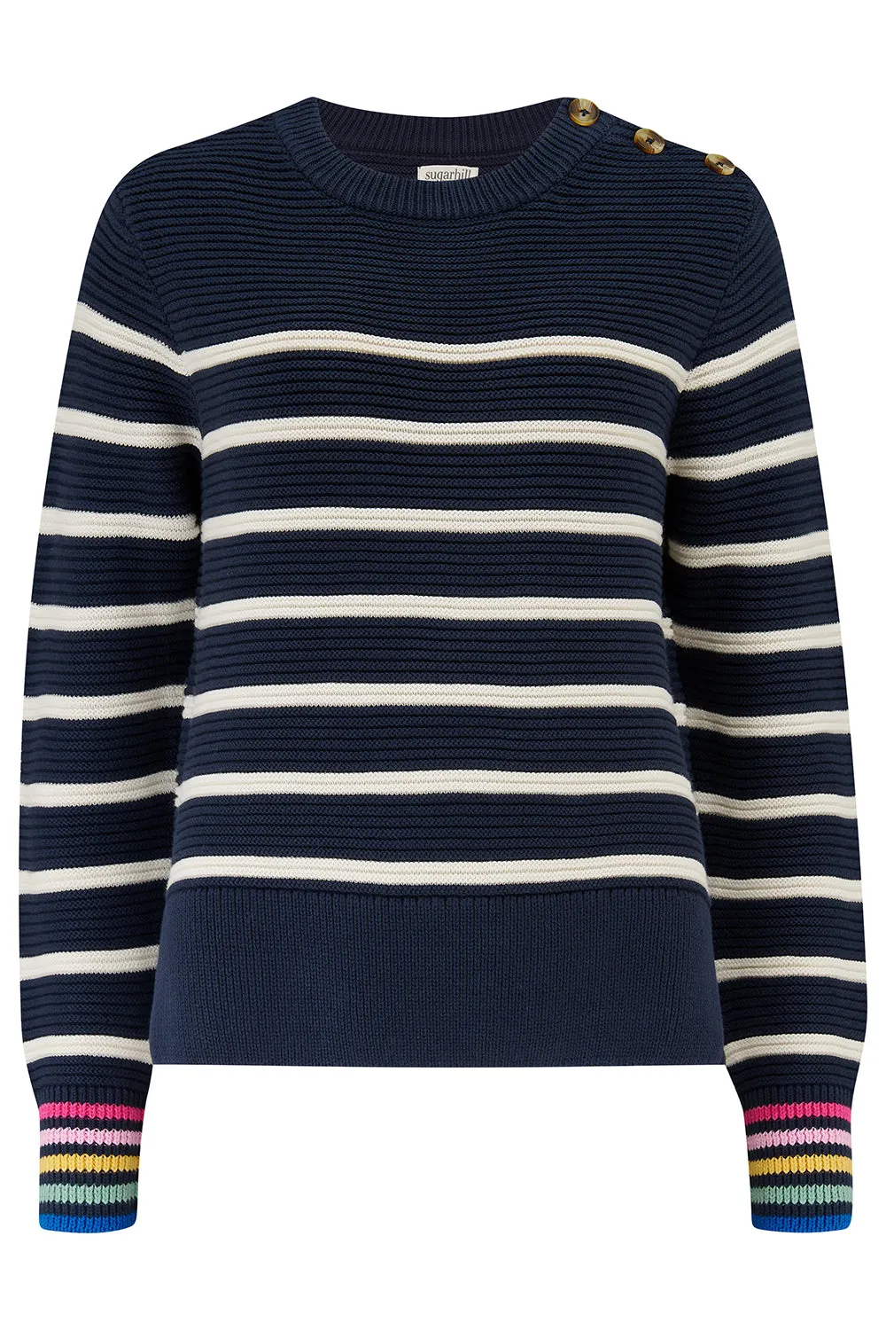 Rebecca Jumper - Navy/Off-White. Classic Stripe Rainbow Cuffs