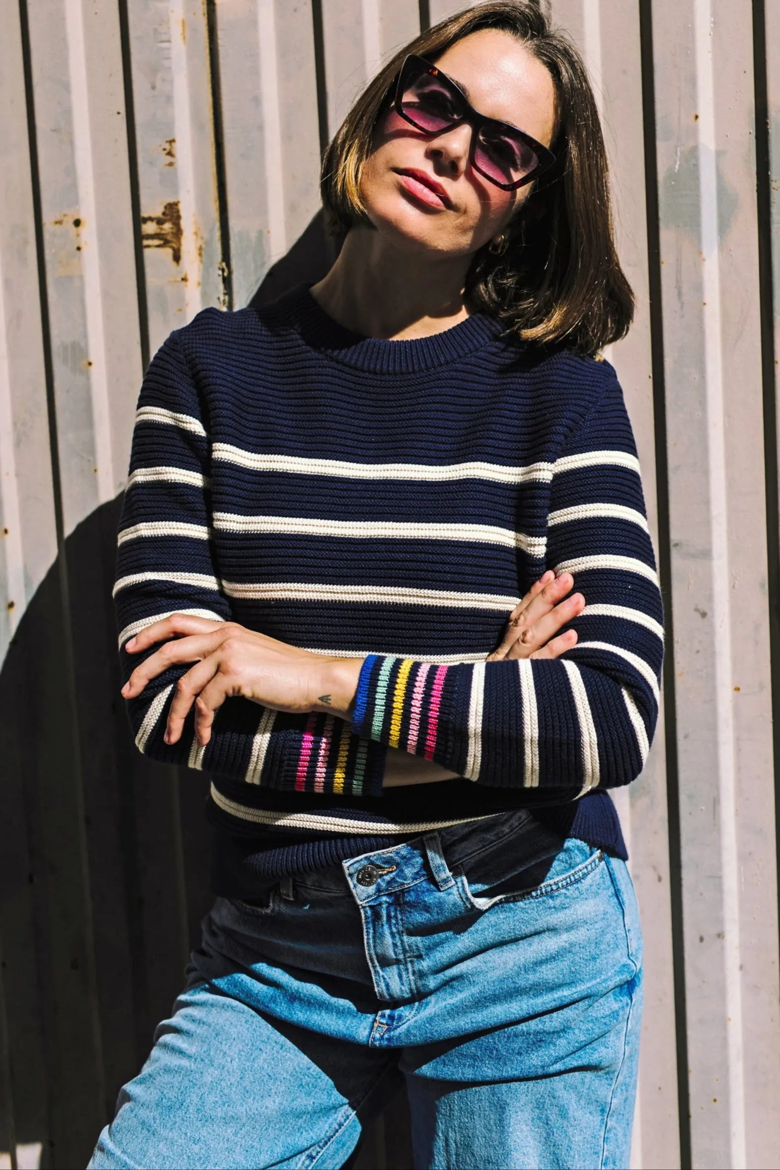 Rebecca Jumper - Navy/Off-White. Classic Stripe Rainbow Cuffs