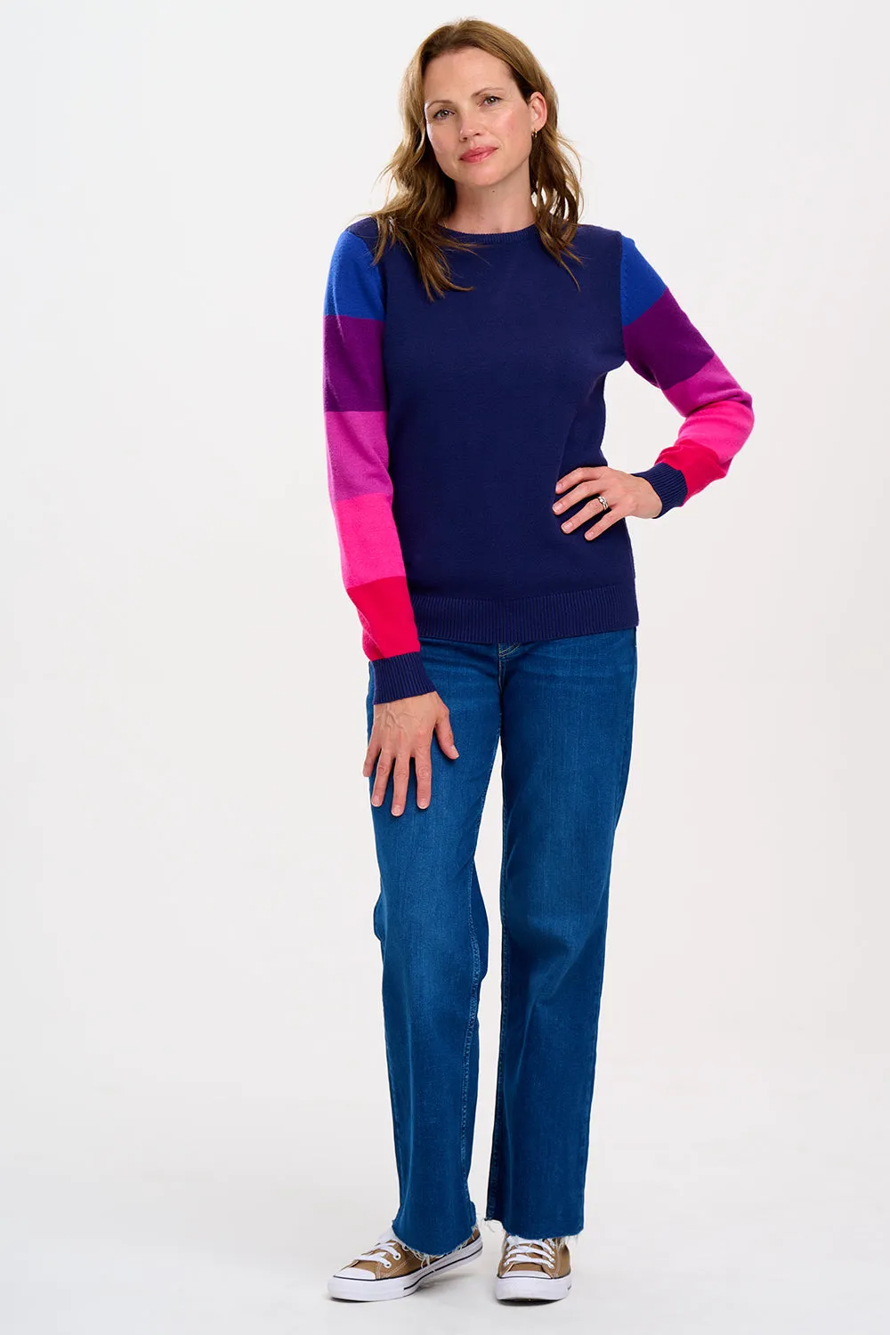 Stacey Jumper - Navy. Colour Block Sleeve