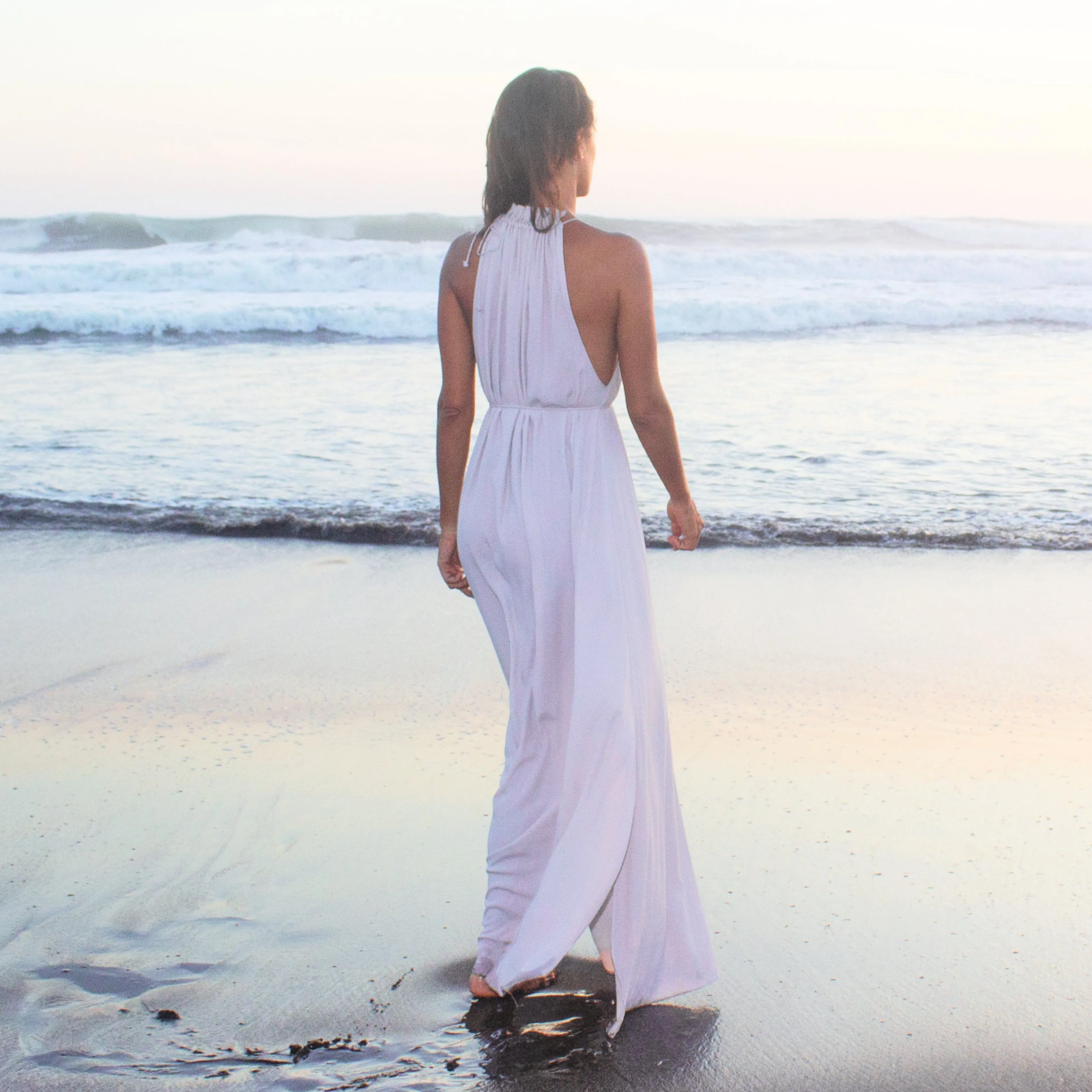 STREAM LONG HALTER DRESS - Rayon Fujette Crepe | Light Grey Greige