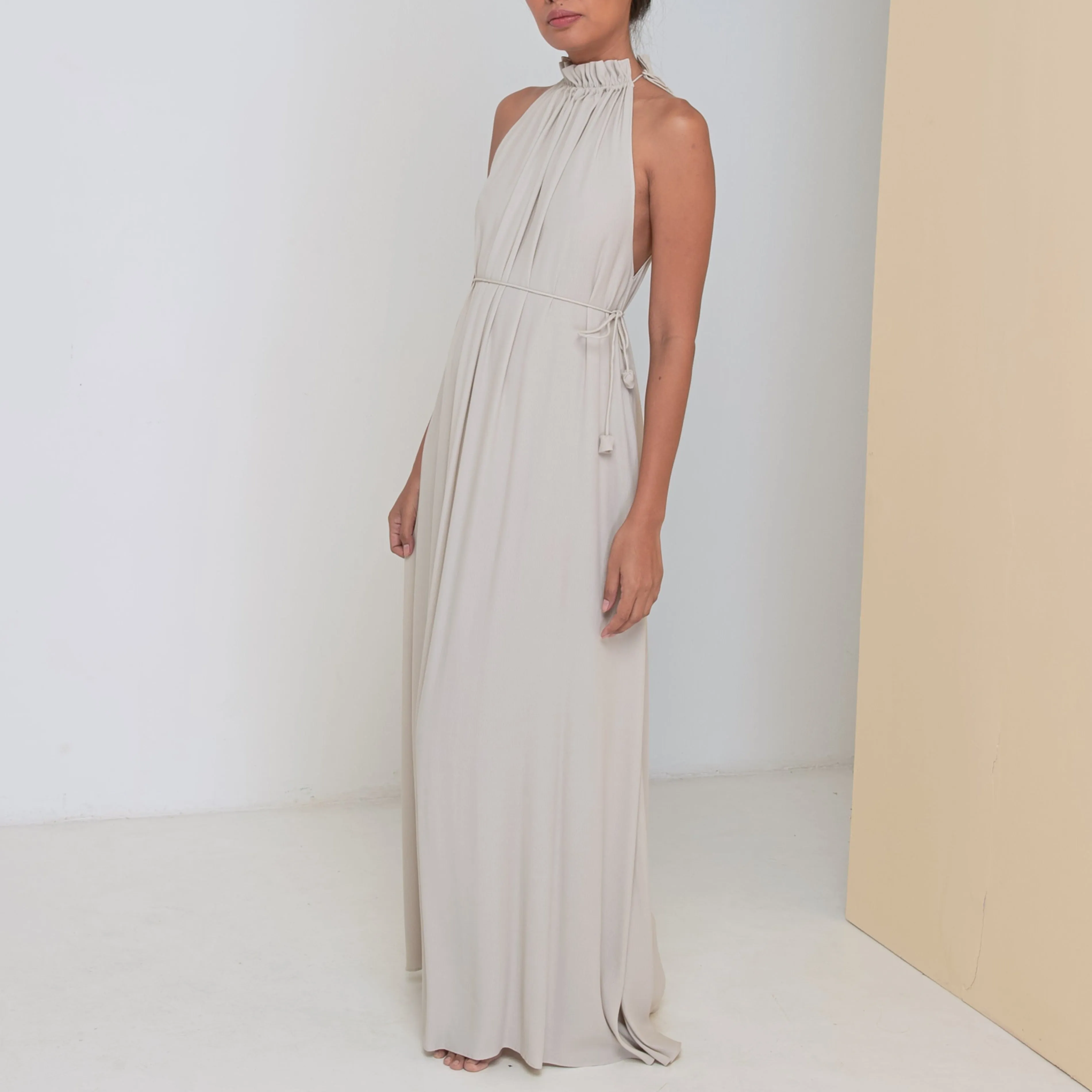 STREAM LONG HALTER DRESS - Rayon Fujette Crepe | Light Grey Greige