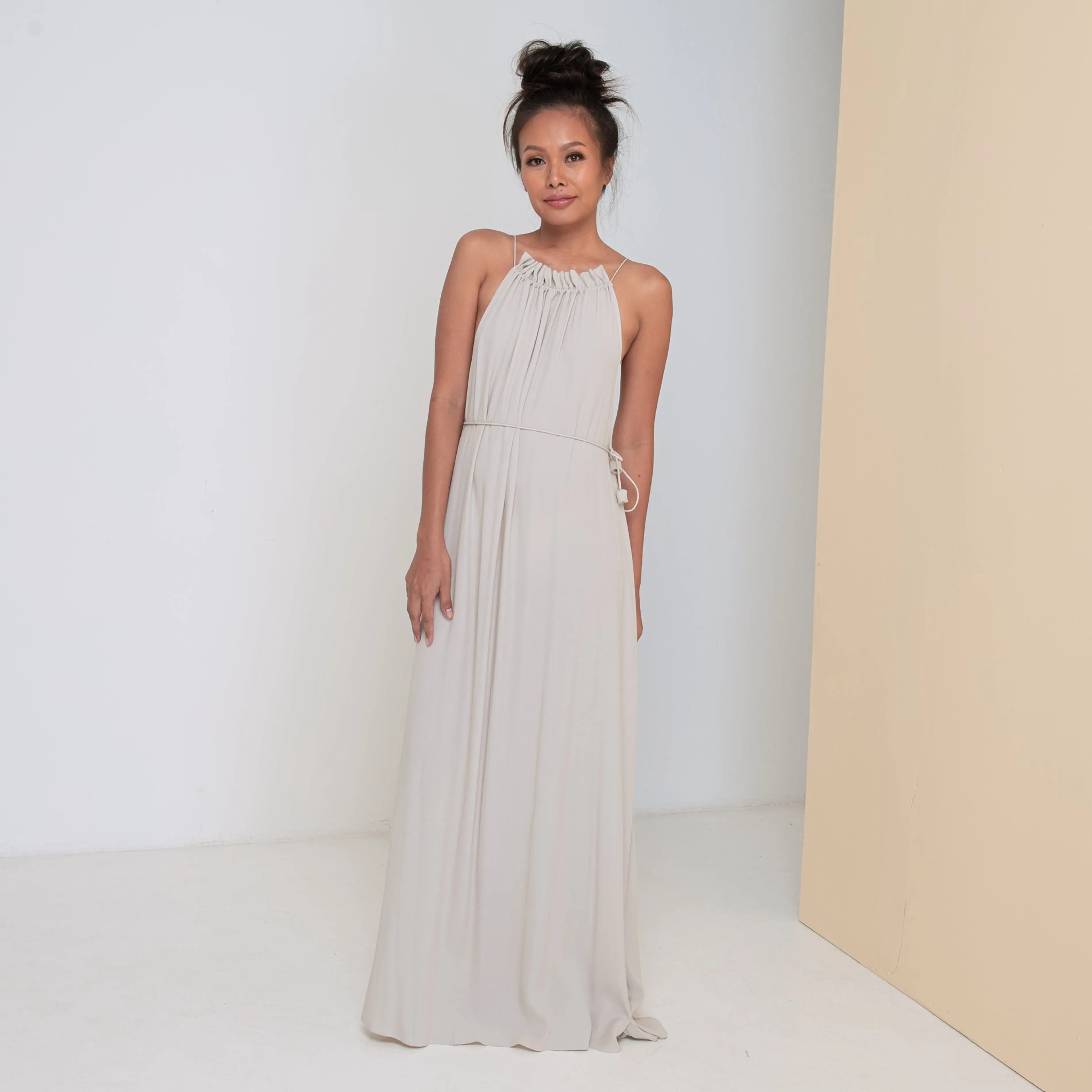 STREAM LONG HALTER DRESS - Rayon Fujette Crepe | Light Grey Greige