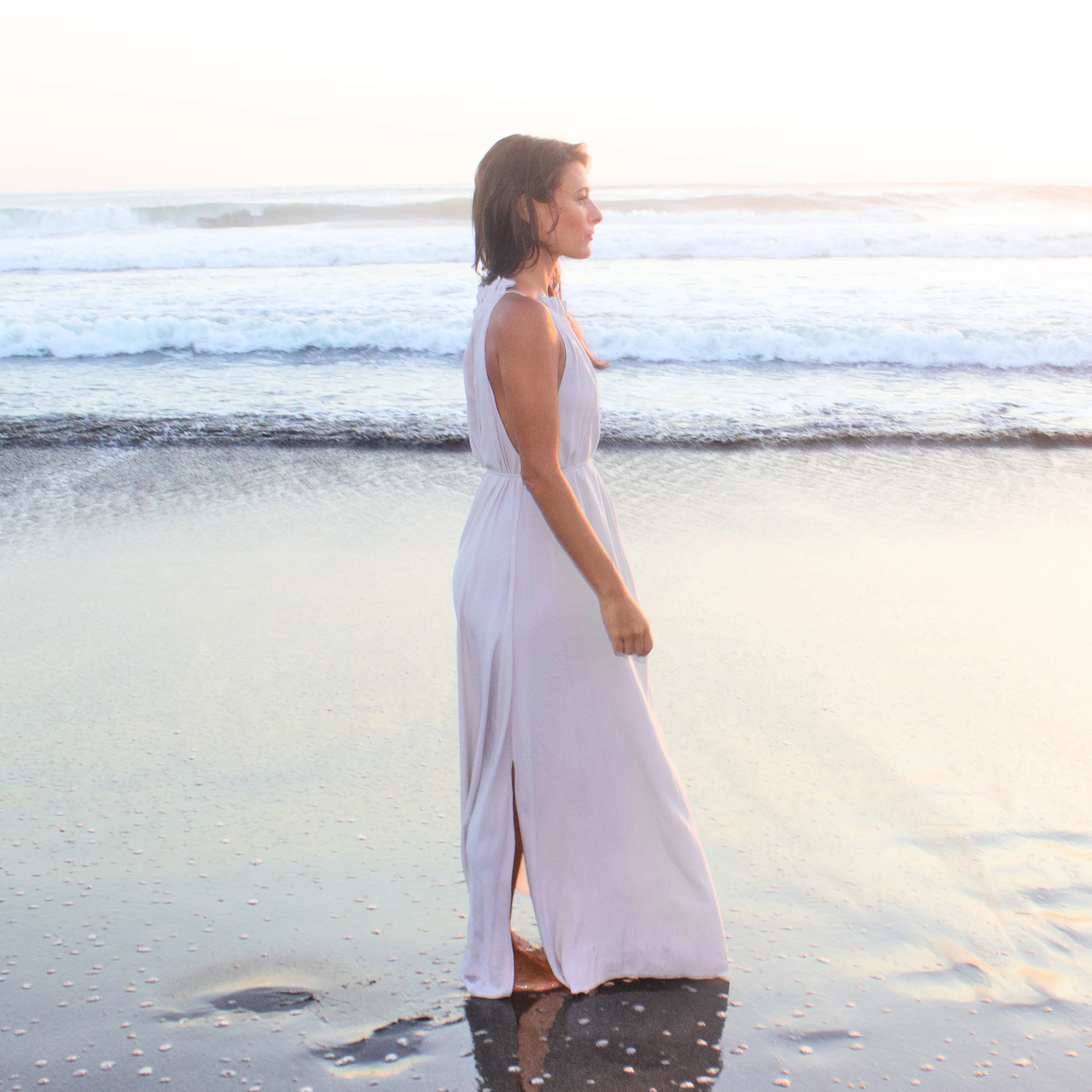 STREAM LONG HALTER DRESS - Rayon Fujette Crepe | Light Grey Greige
