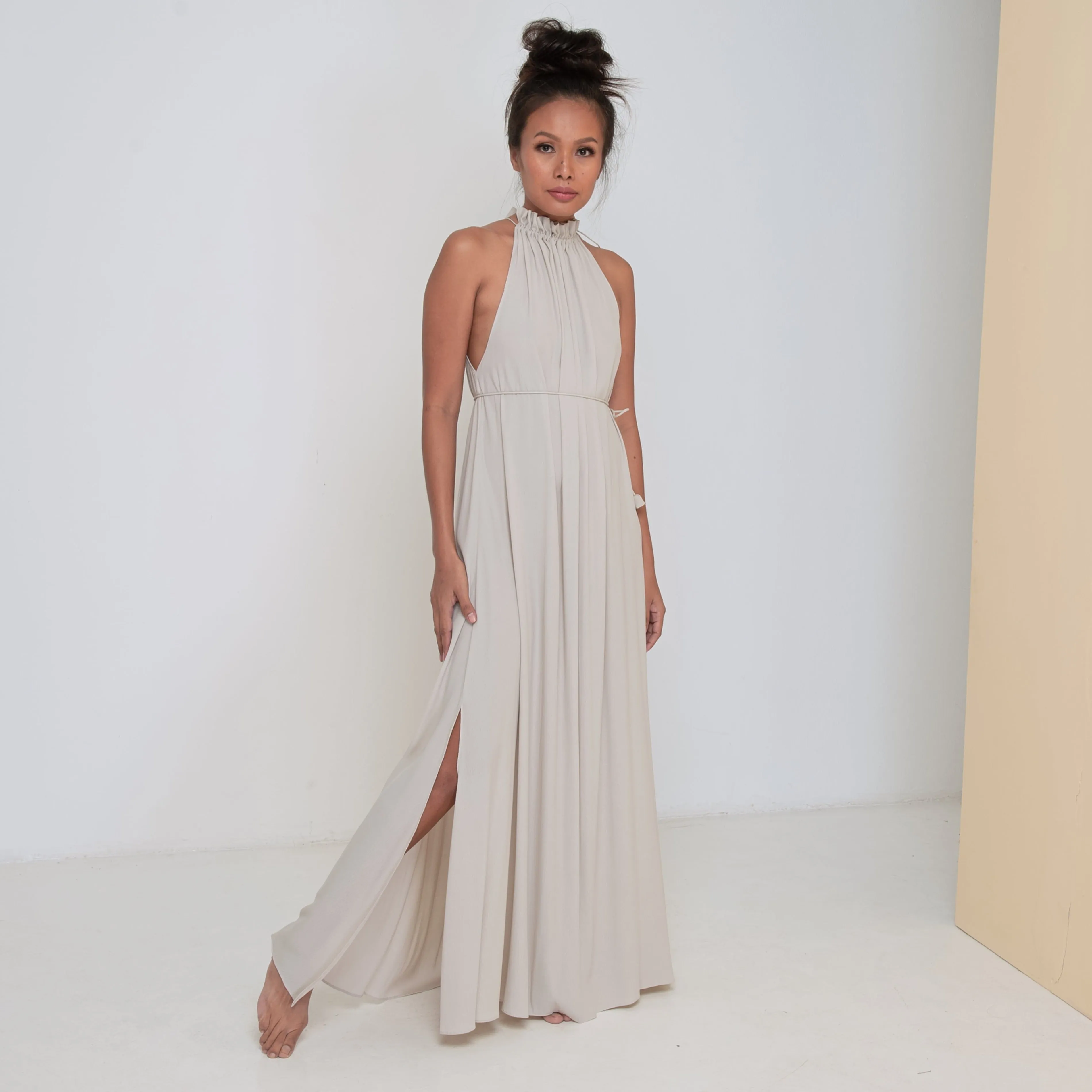 STREAM LONG HALTER DRESS - Rayon Fujette Crepe | Light Grey Greige