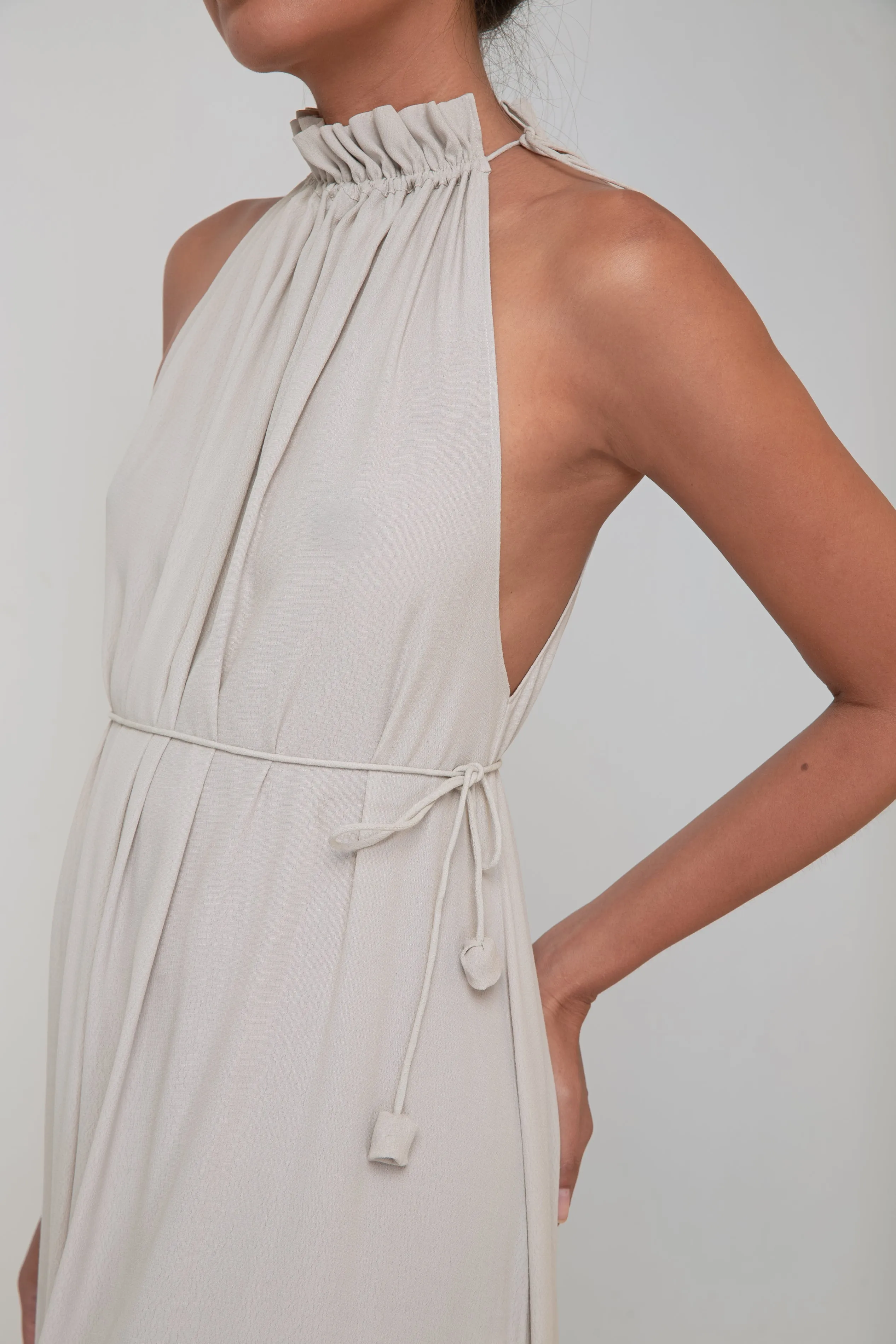 STREAM LONG HALTER DRESS - Rayon Fujette Crepe | Light Grey Greige