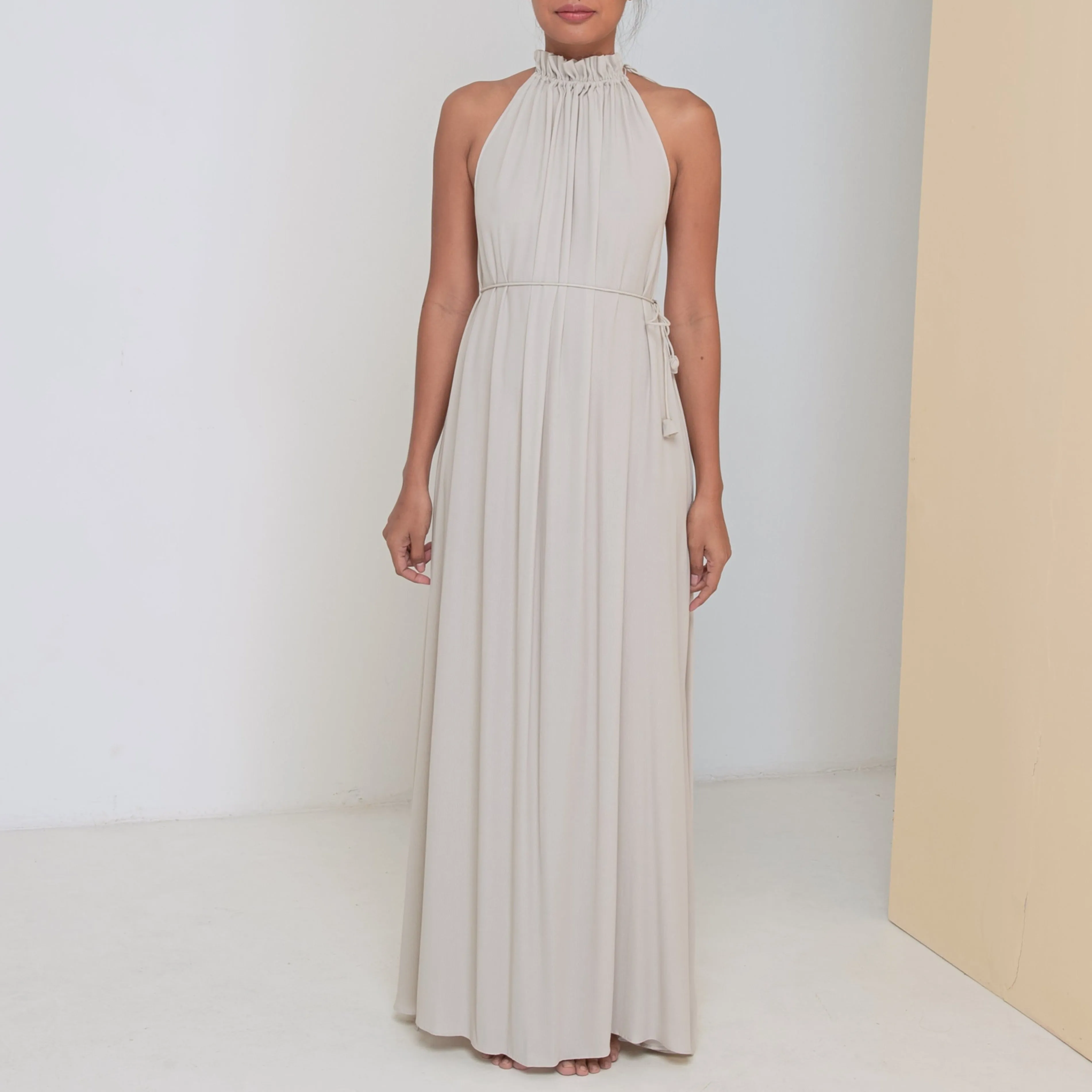 STREAM LONG HALTER DRESS - Rayon Fujette Crepe | Light Grey Greige