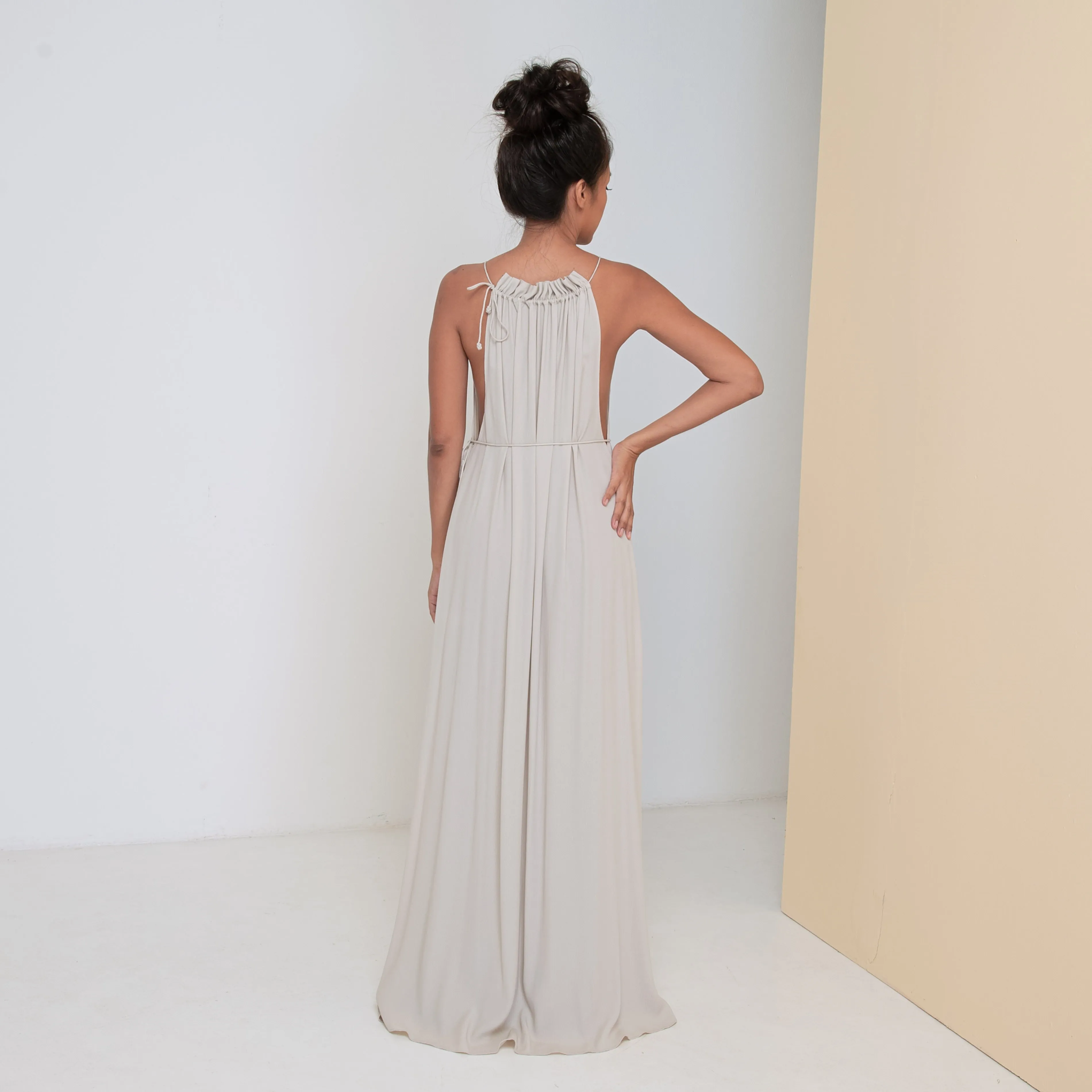 STREAM LONG HALTER DRESS - Rayon Fujette Crepe | Light Grey Greige
