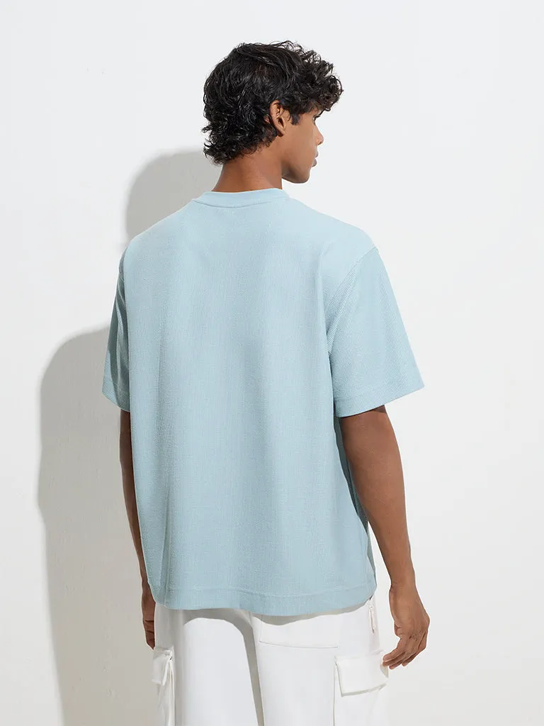 Studiofit Light Blue Text Printed Relaxed-Fit T-Shirt