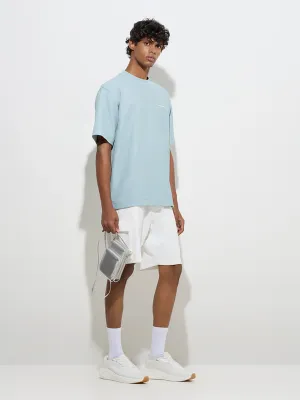 Studiofit Light Blue Text Printed Relaxed-Fit T-Shirt