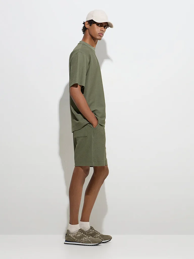 Studiofit Olive Self-Striped Relaxed-Fit Mid-Rise Shorts