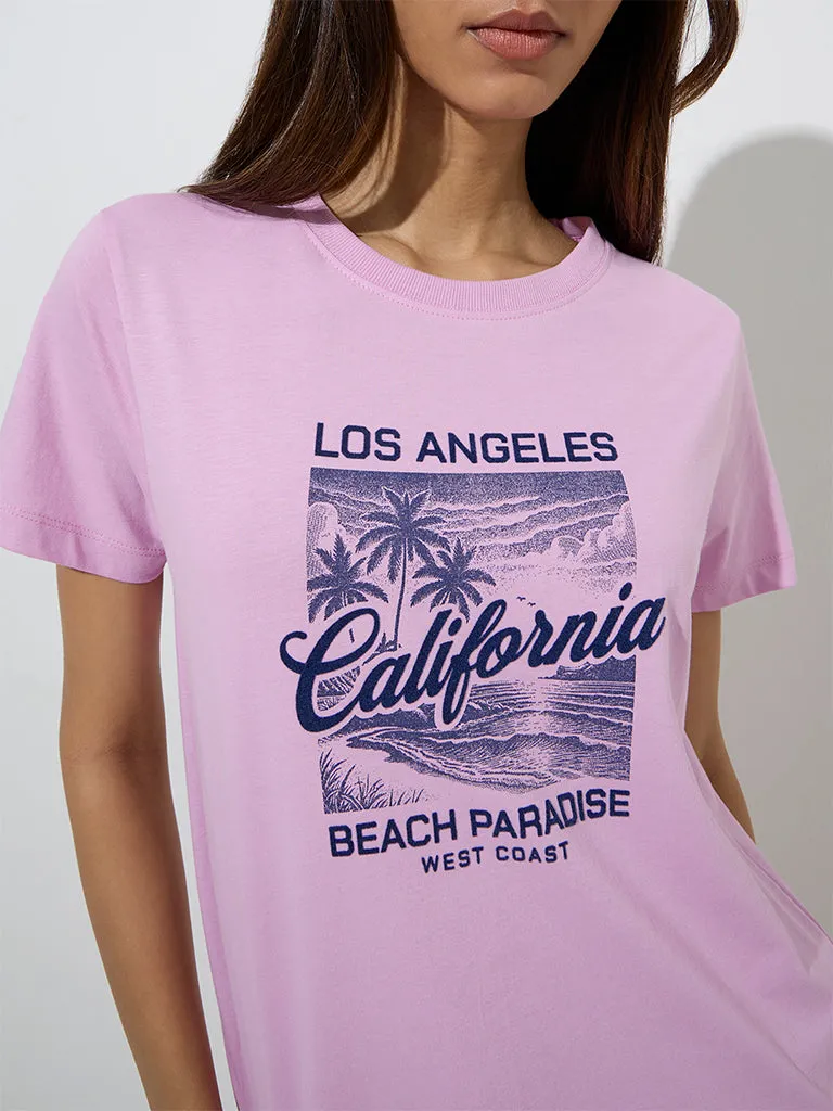 Studiofit Pink Text Design Cotton T-Shirt