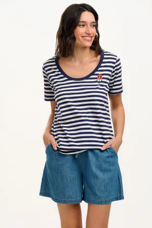 Sylvie Scoop Neck T-Shirt - White/Navy. Stripe & Folk Flower