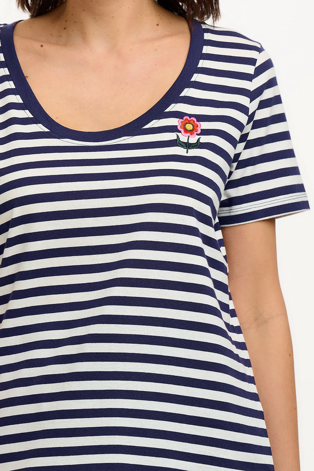 Sylvie Scoop Neck T-Shirt - White/Navy. Stripe & Folk Flower