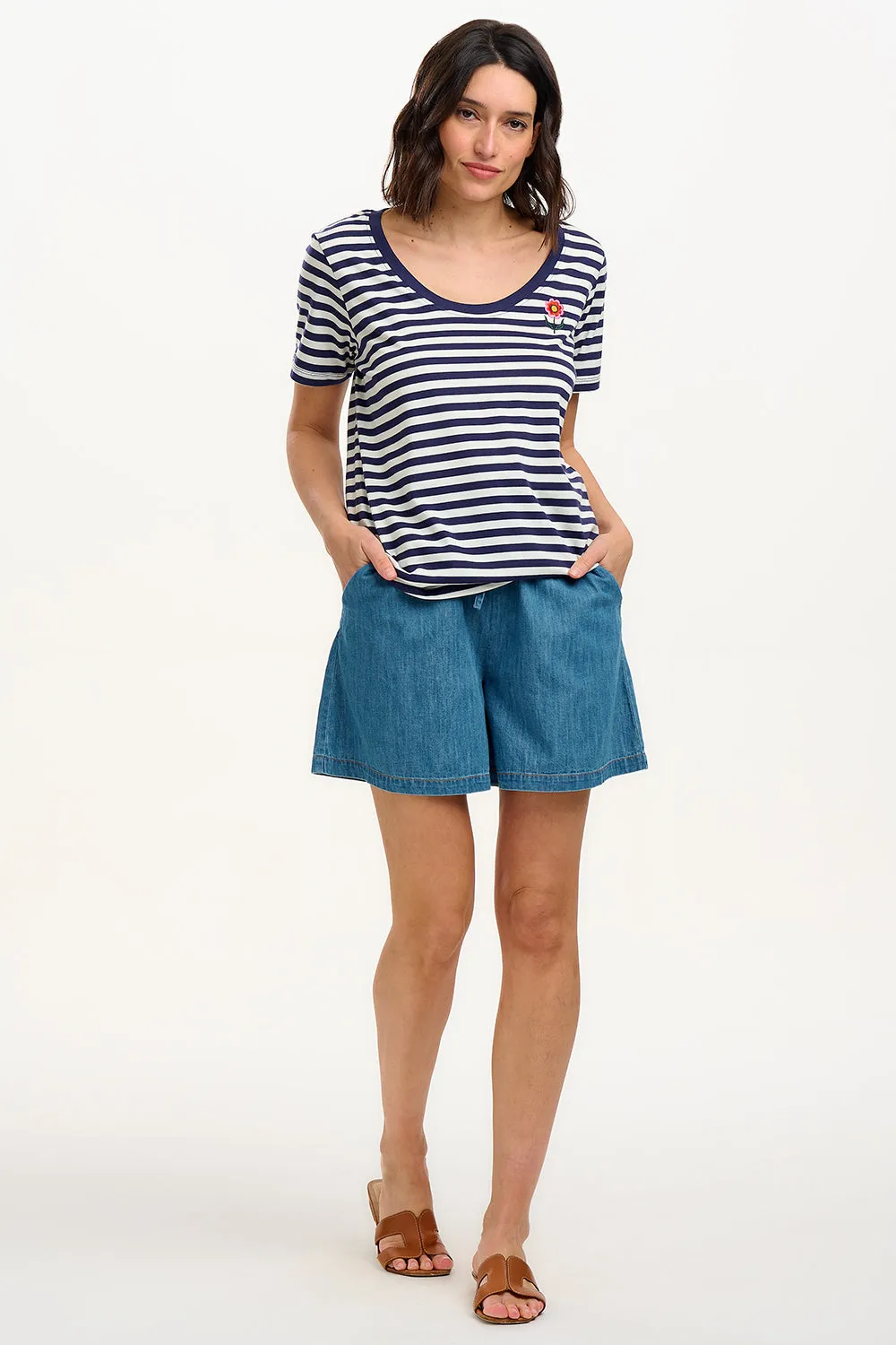 Sylvie Scoop Neck T-Shirt - White/Navy. Stripe & Folk Flower