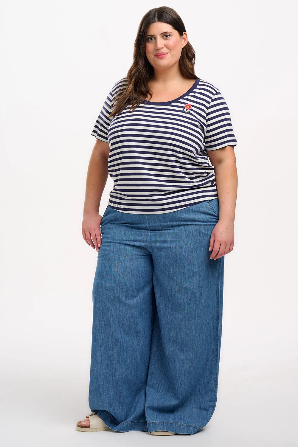 Sylvie Scoop Neck T-Shirt - White/Navy. Stripe & Folk Flower
