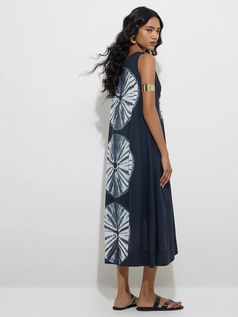 Utsa Black Tie-Dye Pattern Cotton A-Line Dress