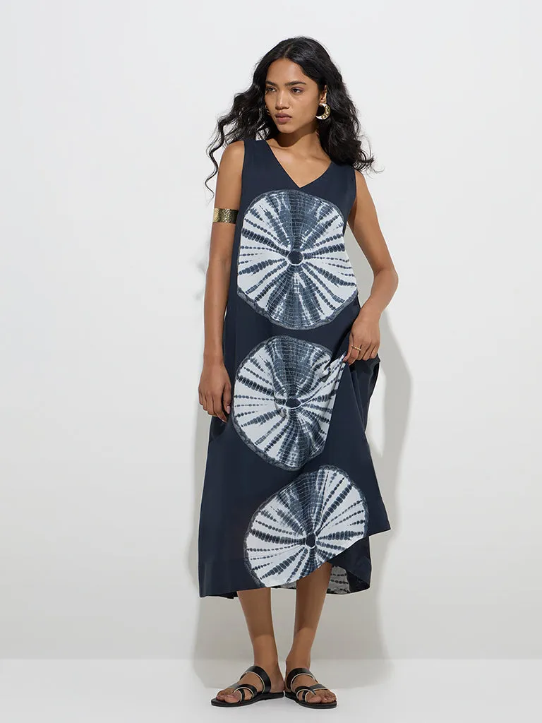 Utsa Black Tie-Dye Pattern Cotton A-Line Dress