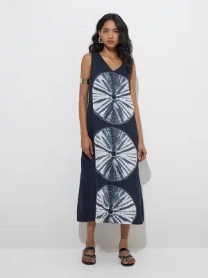 Utsa Black Tie-Dye Pattern Cotton A-Line Dress