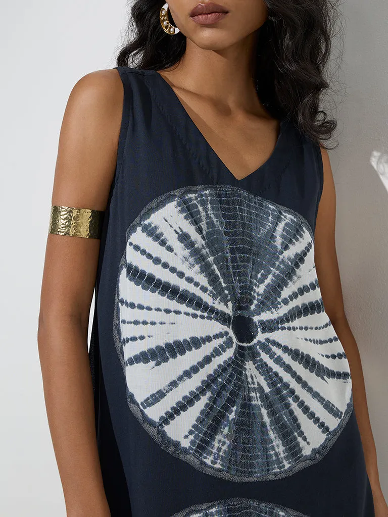 Utsa Black Tie-Dye Pattern Cotton A-Line Dress
