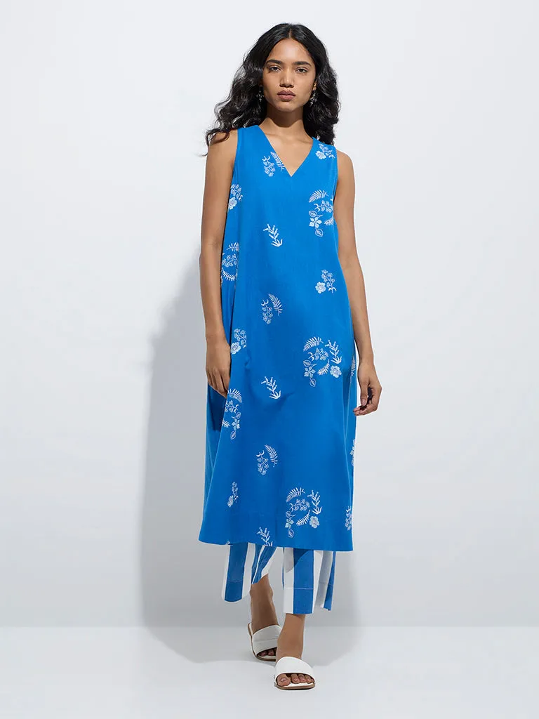 Utsa Blue Floral Design A-Line Cotton-Blend Kurta