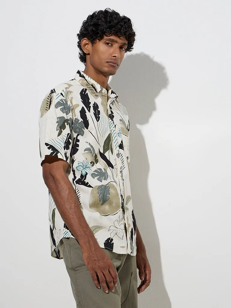 WES Casuals Sage Foliage Design Relaxed-Fit Cotton Shirt