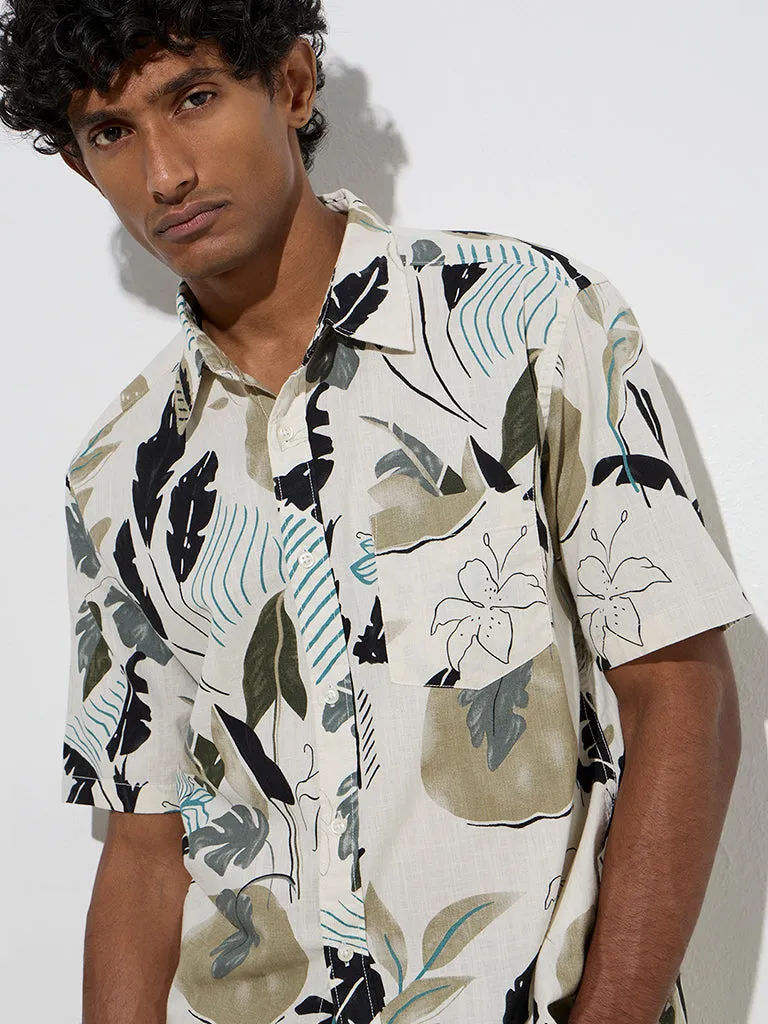 WES Casuals Sage Foliage Design Relaxed-Fit Cotton Shirt