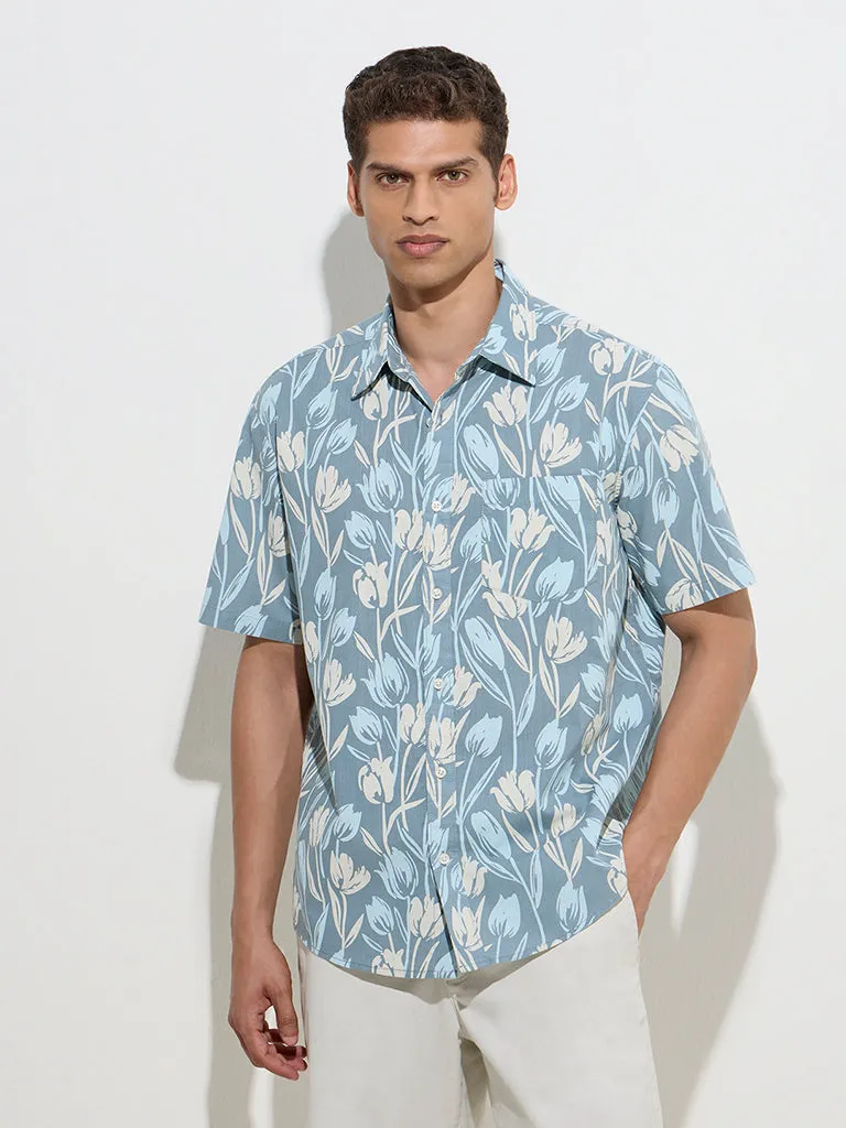 WES Casuals Teal Floral Pattern Relaxed-Fit Cotton Shirt