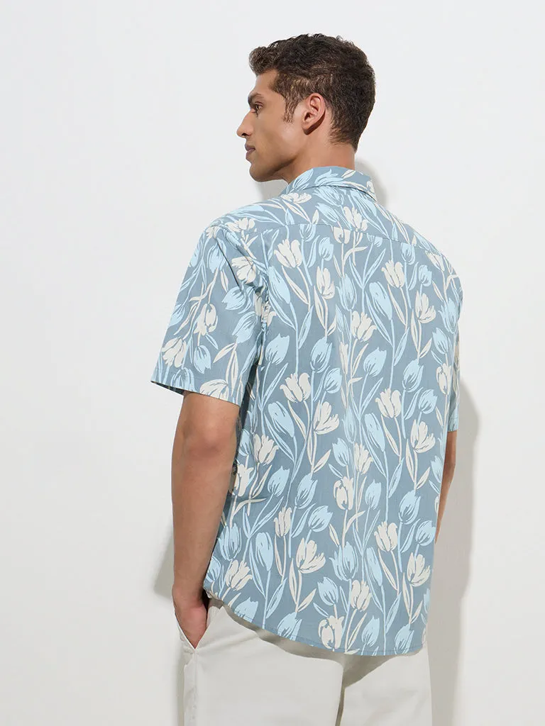 WES Casuals Teal Floral Pattern Relaxed-Fit Cotton Shirt