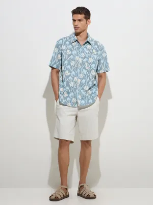 WES Casuals Teal Floral Pattern Relaxed-Fit Cotton Shirt