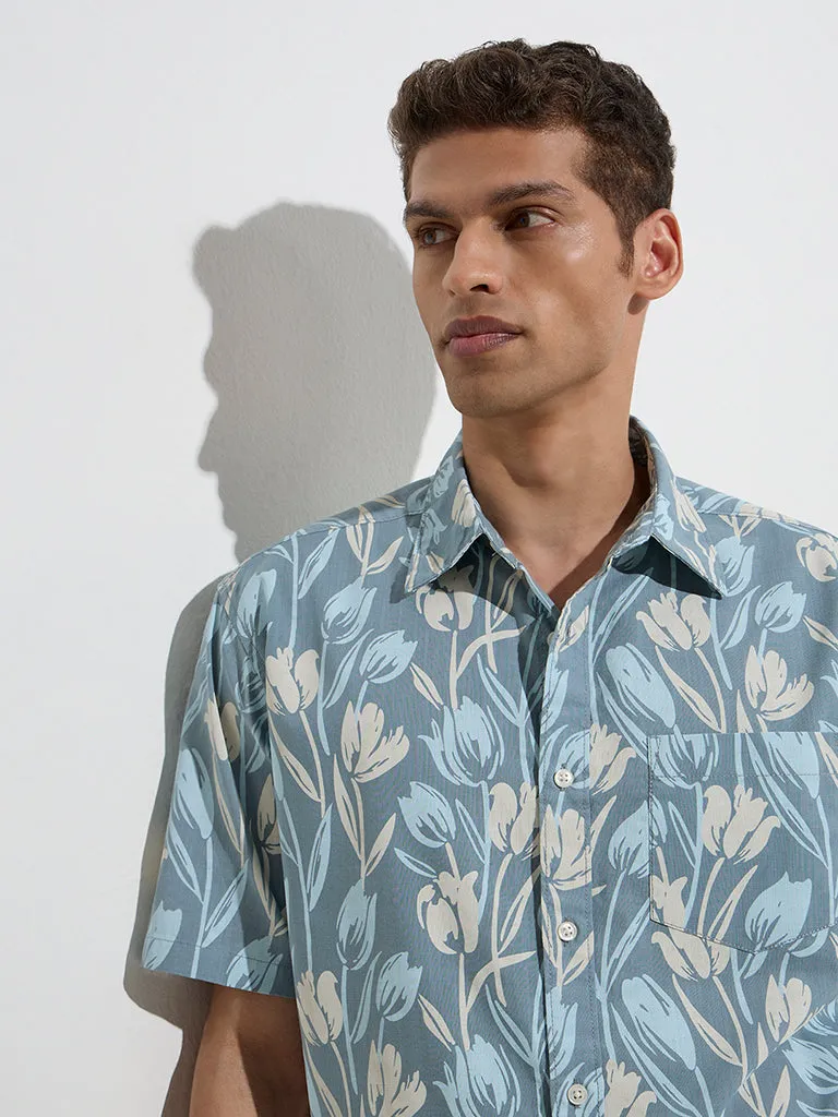 WES Casuals Teal Floral Pattern Relaxed-Fit Cotton Shirt