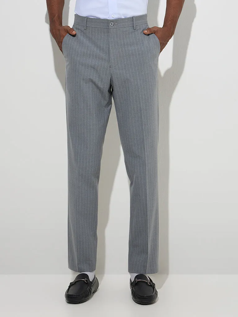WES Formals Grey Pinstriped Slim-Fit Mid-Rise Trousers