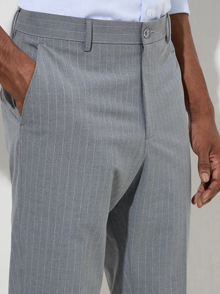 WES Formals Grey Pinstriped Slim-Fit Mid-Rise Trousers