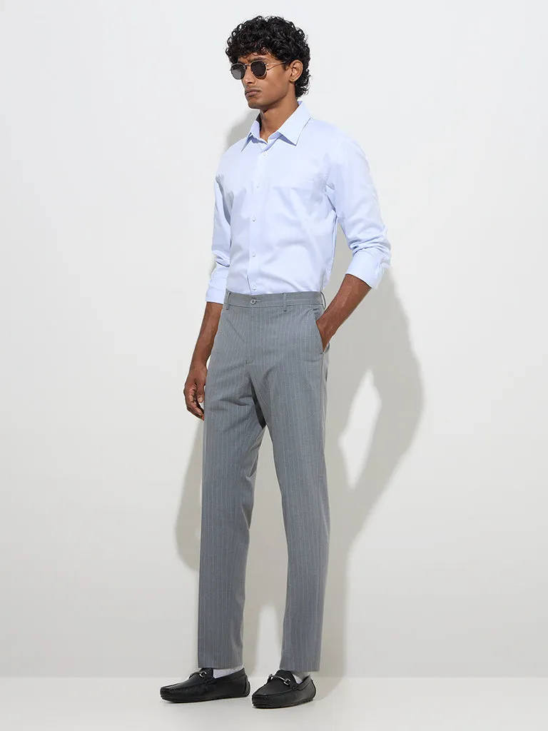 WES Formals Grey Pinstriped Slim-Fit Mid-Rise Trousers
