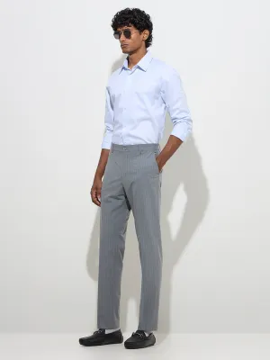 WES Formals Grey Pinstriped Slim-Fit Mid-Rise Trousers