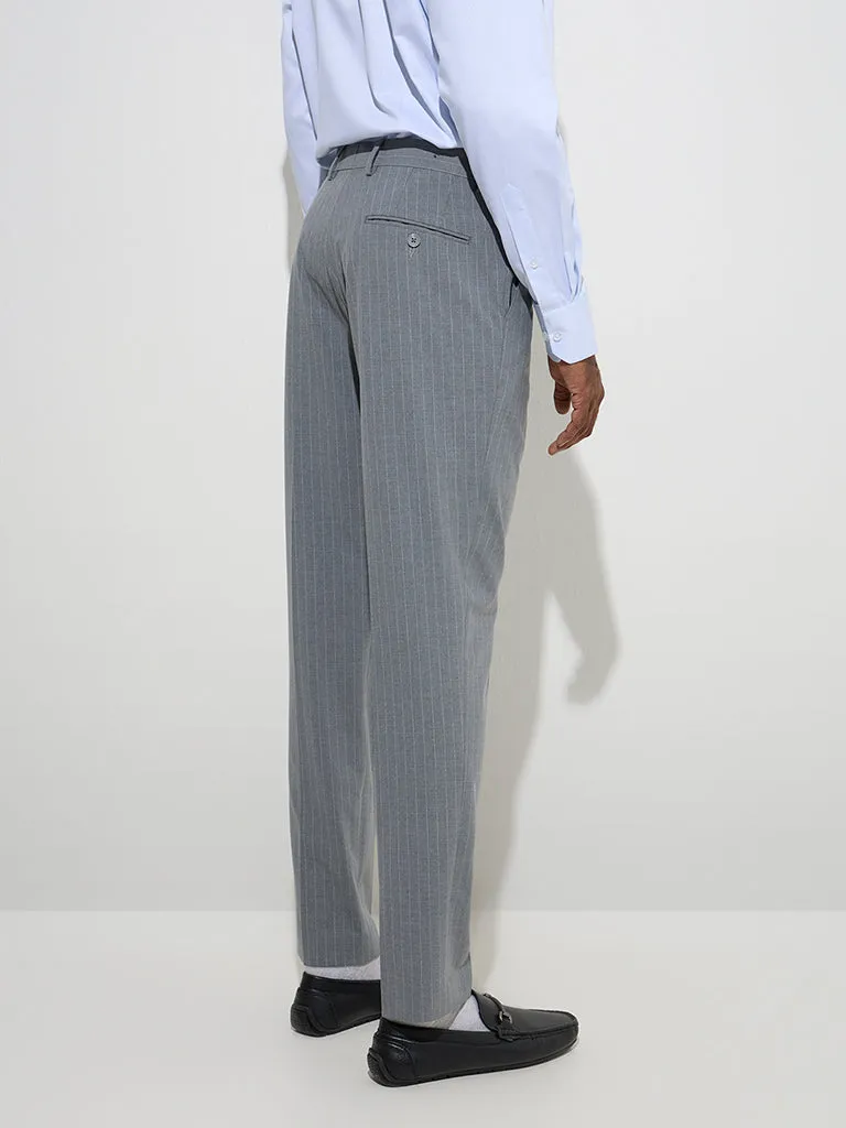 WES Formals Grey Pinstriped Slim-Fit Mid-Rise Trousers