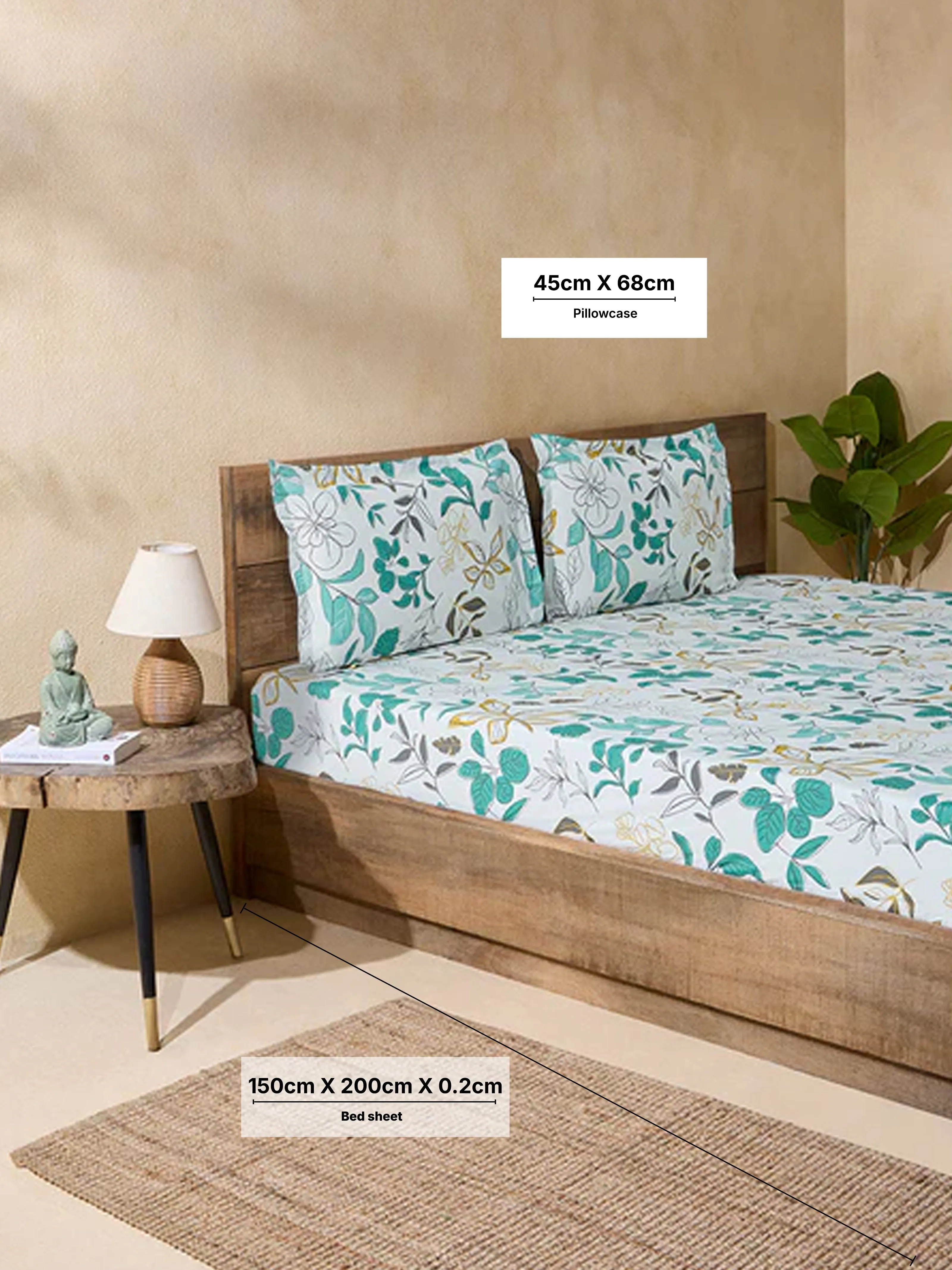 Westside Home Green Printed Queen Bed Fitted Sheet and Pillowcase Set