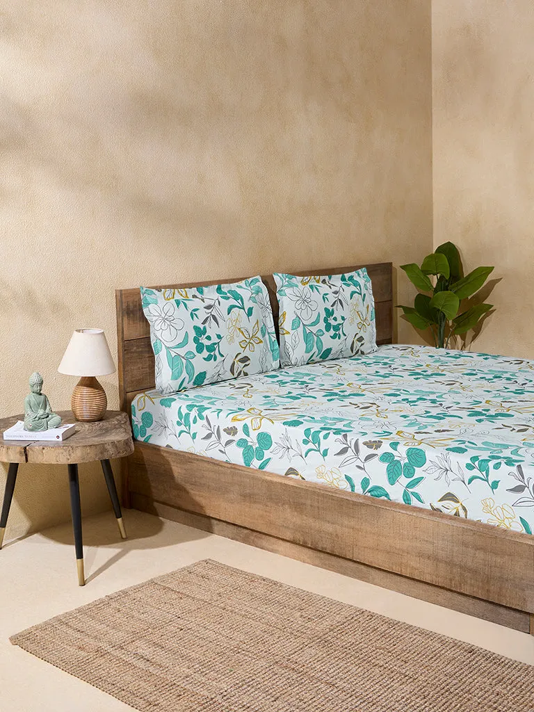 Westside Home Green Printed Queen Bed Fitted Sheet and Pillowcase Set