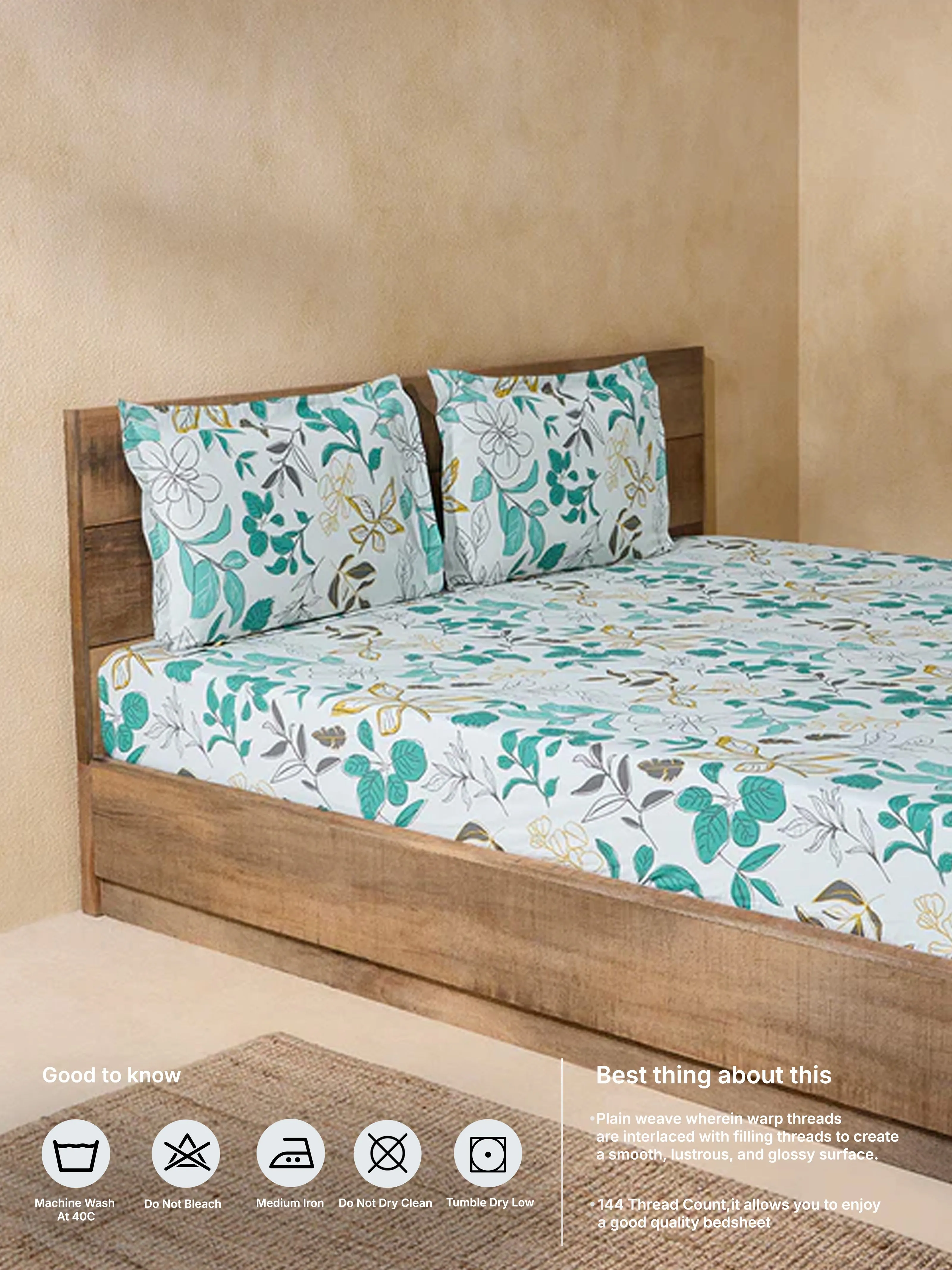 Westside Home Green Printed Queen Bed Fitted Sheet and Pillowcase Set