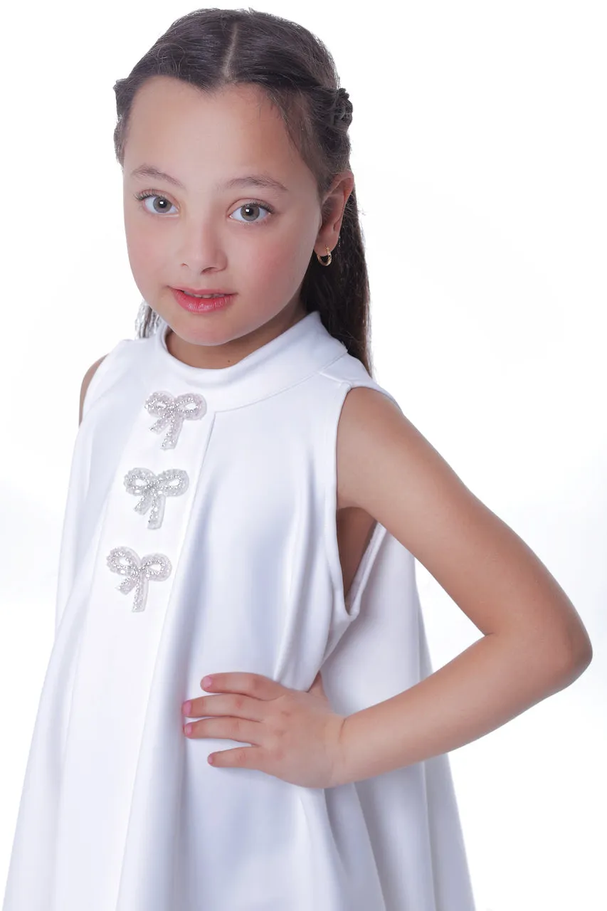 White Ava Sleeveless Bow Dress