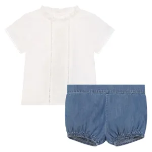White Ruffle Blouse and Blue Shorts