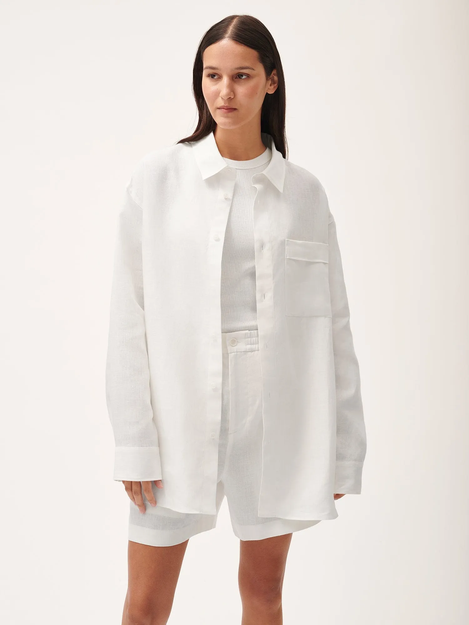 Womens Aloe Linen Collared Long Sleeve Shirt—off-white