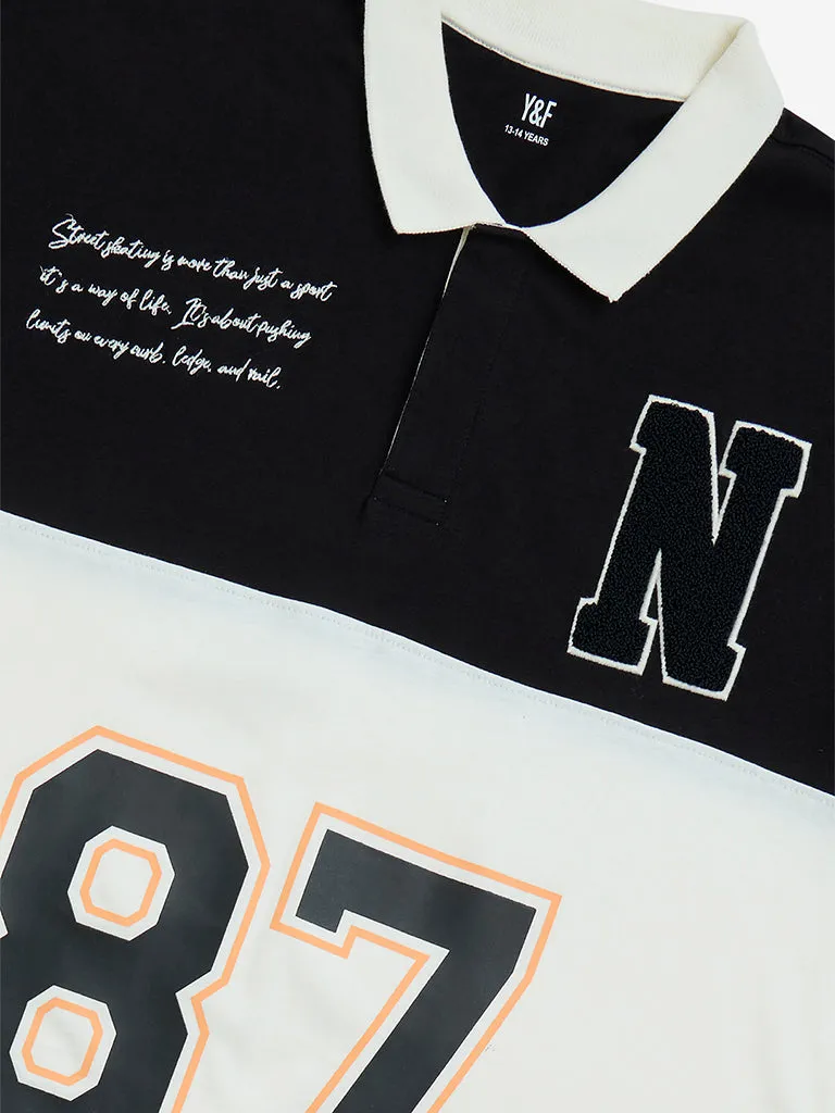 Y&F Kids Off-White Colour-Blocked Cotton Polo T-Shirt