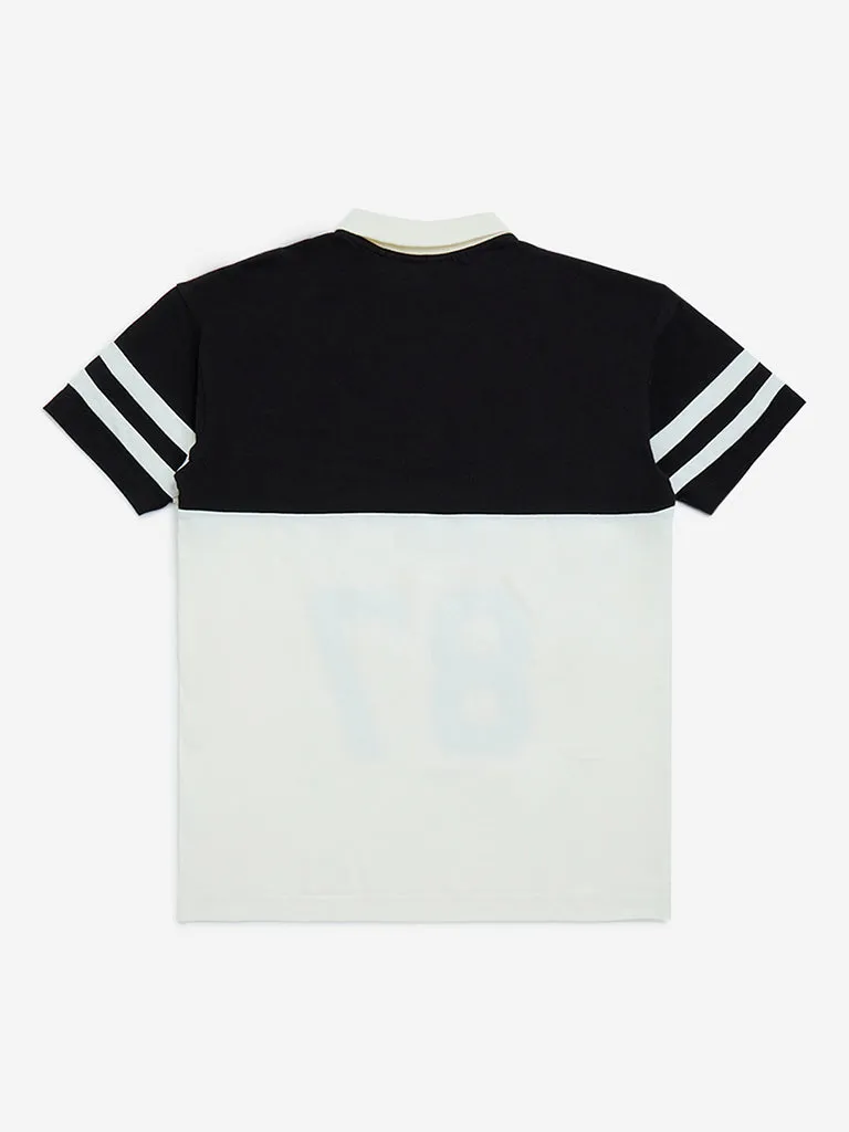 Y&F Kids Off-White Colour-Blocked Cotton Polo T-Shirt
